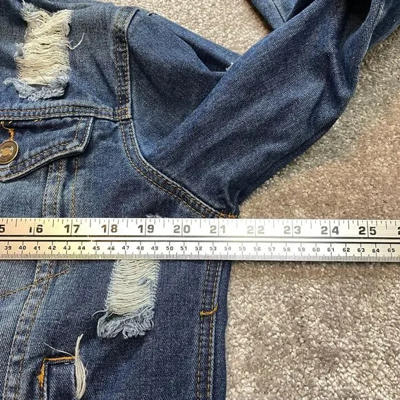 Rue 21 Jean Jacket Womens Small Blue Denim Distressed Dark Wash Black Hooded - Picture 9 of 11